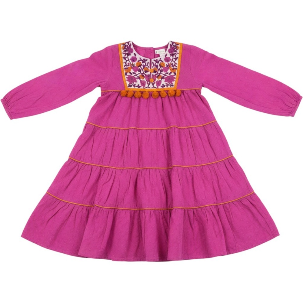 Fabindia Girls Magenta Pink Cotton Embroidered Tiered Tassel Dress Size 4Y NEW